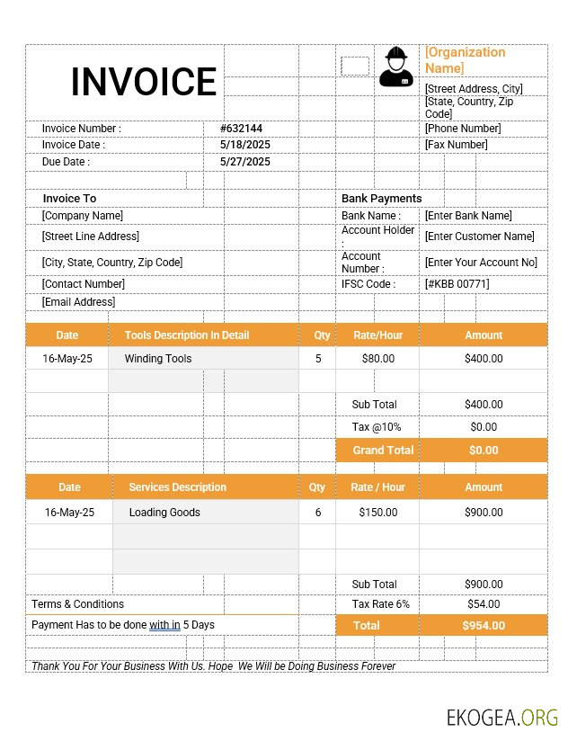 Modèle de facture de main d'œuvre template